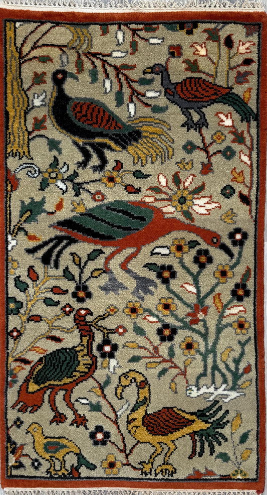 3x5 ft Bohemian Oushak Rug: Tree of Life Bird Design Modern Hand Knotted Wool Carpet