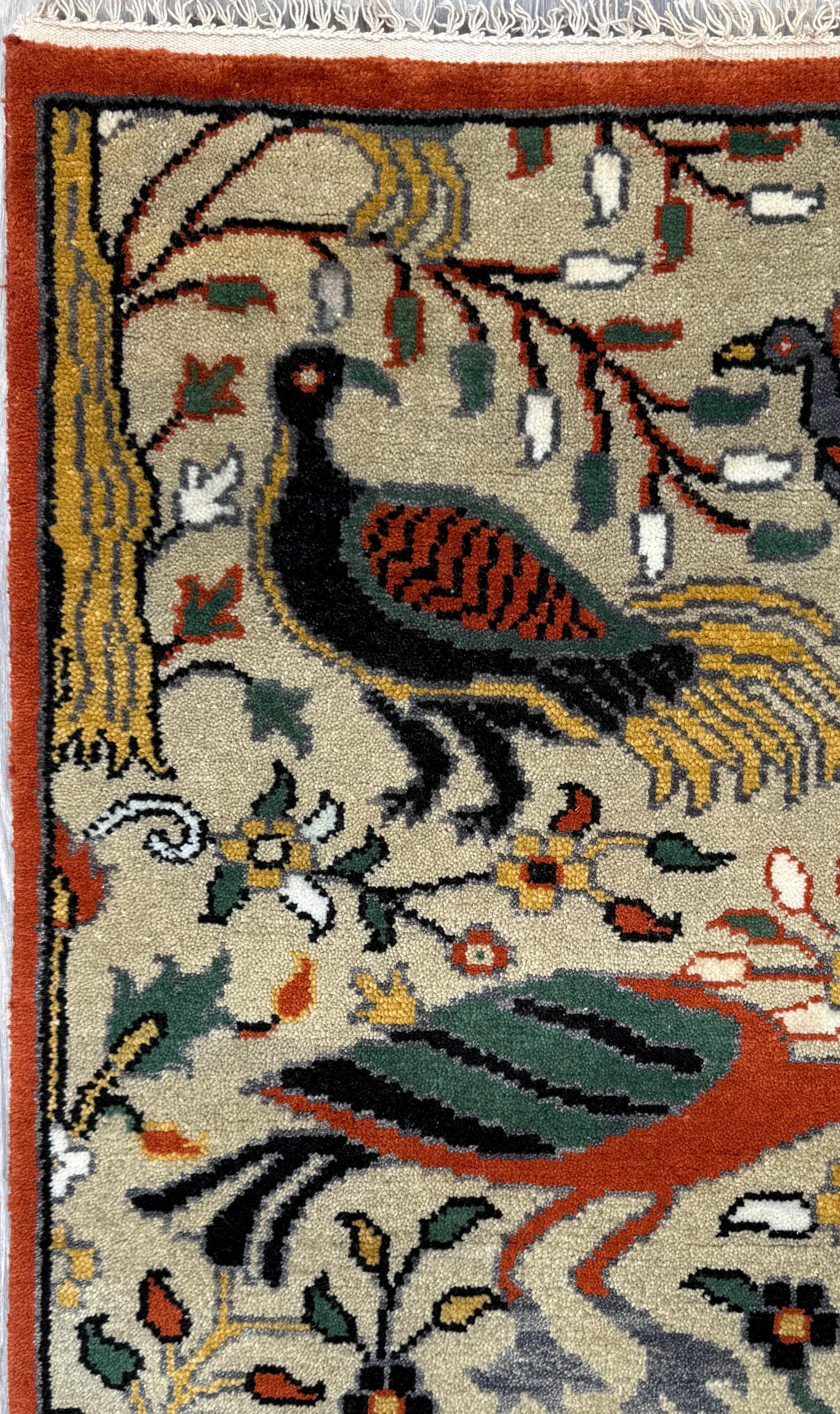 3x5 ft Bohemian Oushak Rug: Tree of Life Bird Design Modern Hand Knotted Wool Carpet