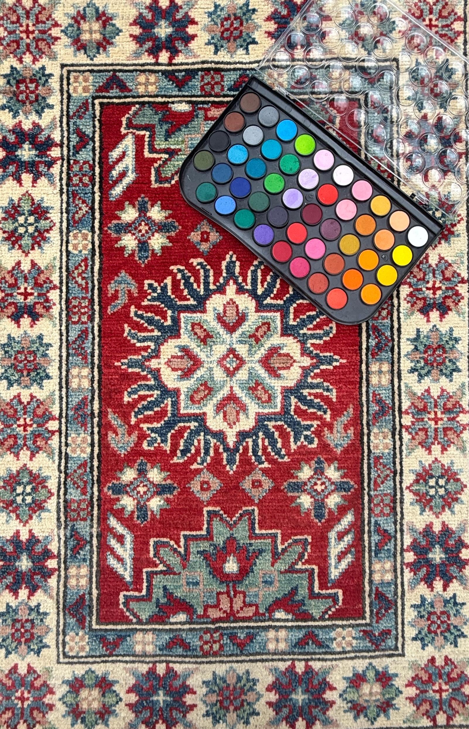 2.3x3.2 ft Hand Knotted Turkish Oushak Rug: Geometric Kazak Wool Rug