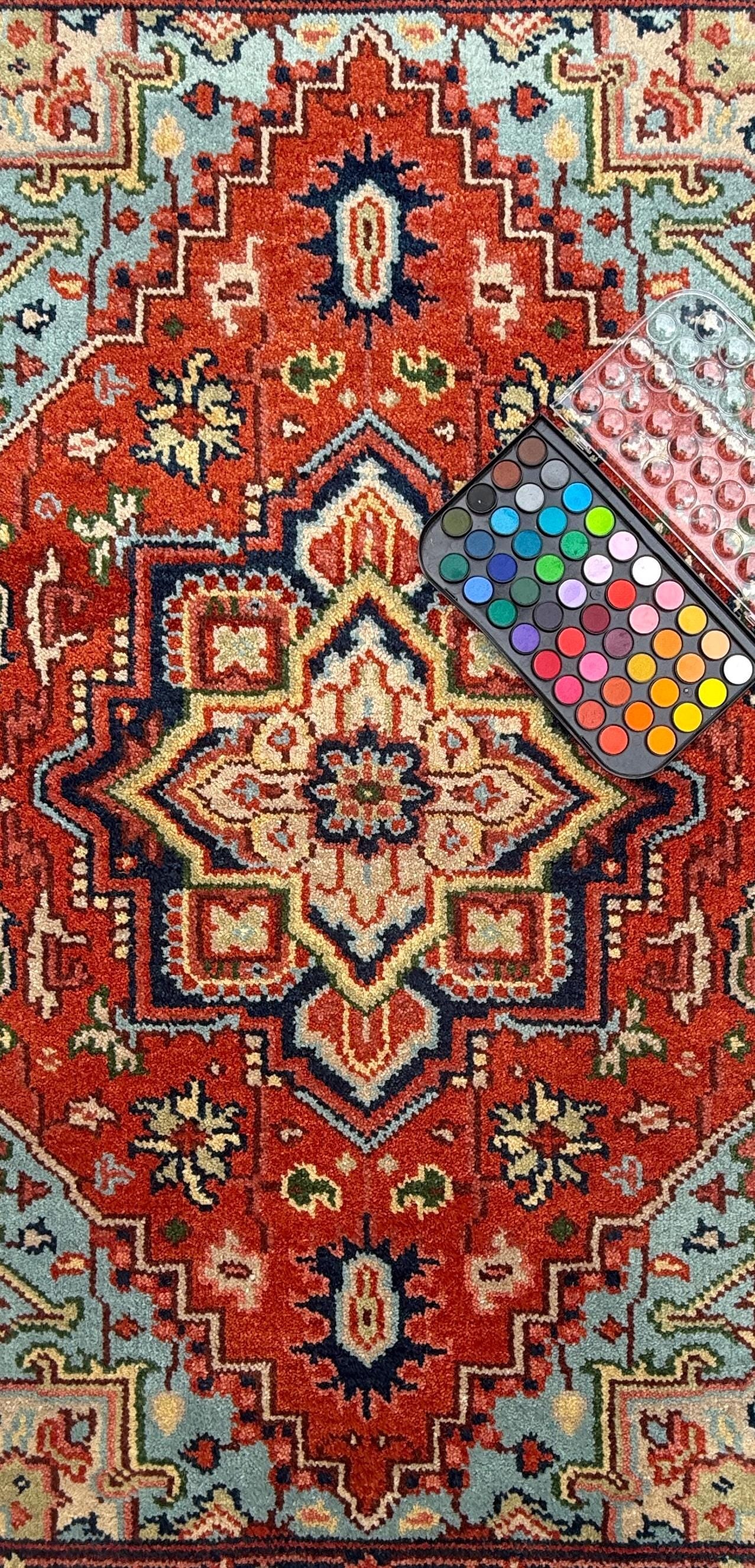 3x5 ft Handmade Wool Heriz Rug: Vibrant Modern Oriental Style