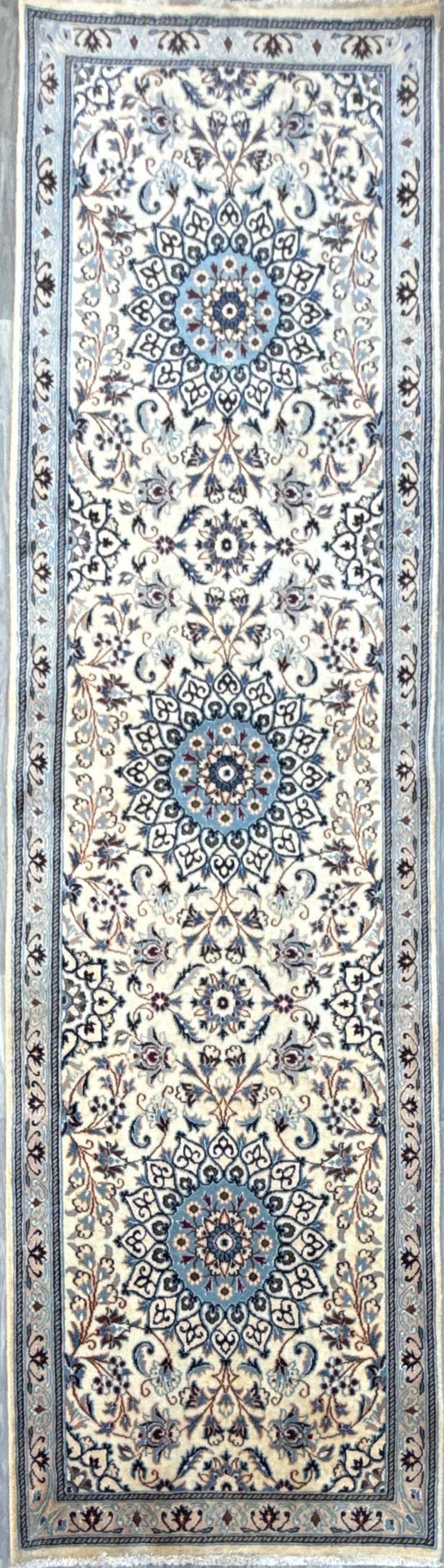 9.5x2.8 ft Vintage 1970s Pastel Nain Hand Knotted Rug: Wool & Silk Touch Runner Carpet