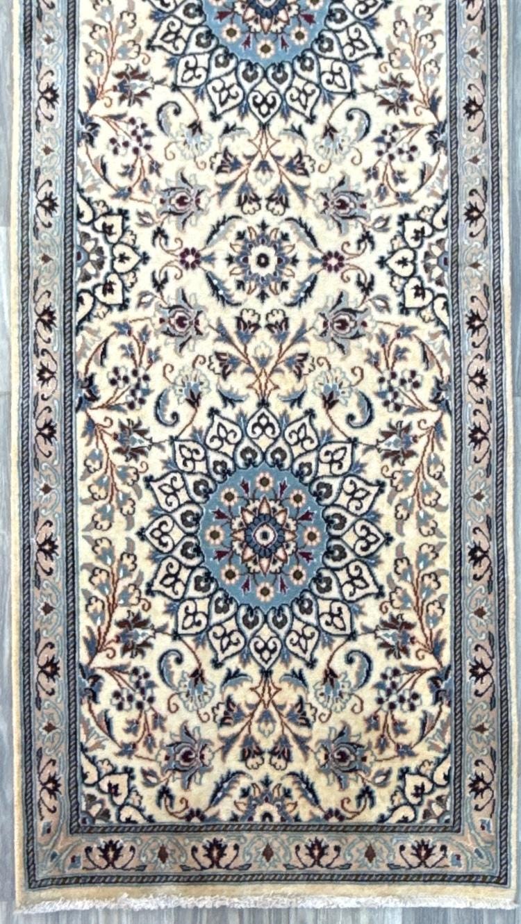 9.5x2.8 ft Vintage 1970s Pastel Nain Hand Knotted Rug: Wool & Silk Touch Runner Carpet