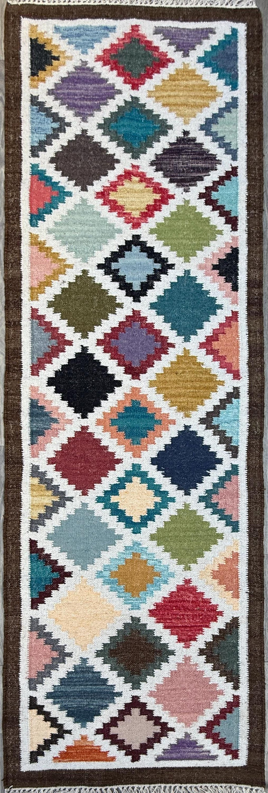 2.6x8 ft Oushak Runner Rug: Handwoven Wool Kilim, Geometric Farmhouse Style