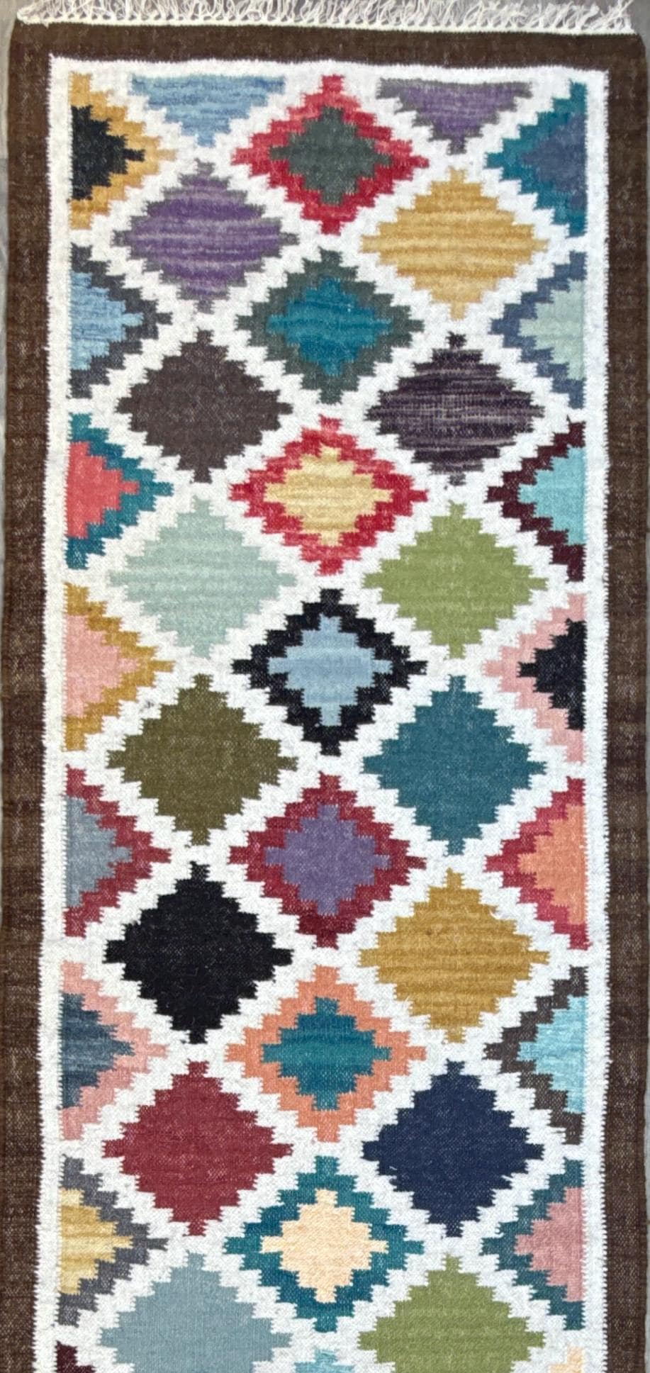 2.6x8 ft Oushak Runner Rug: Handwoven Wool Kilim, Geometric Farmhouse Style