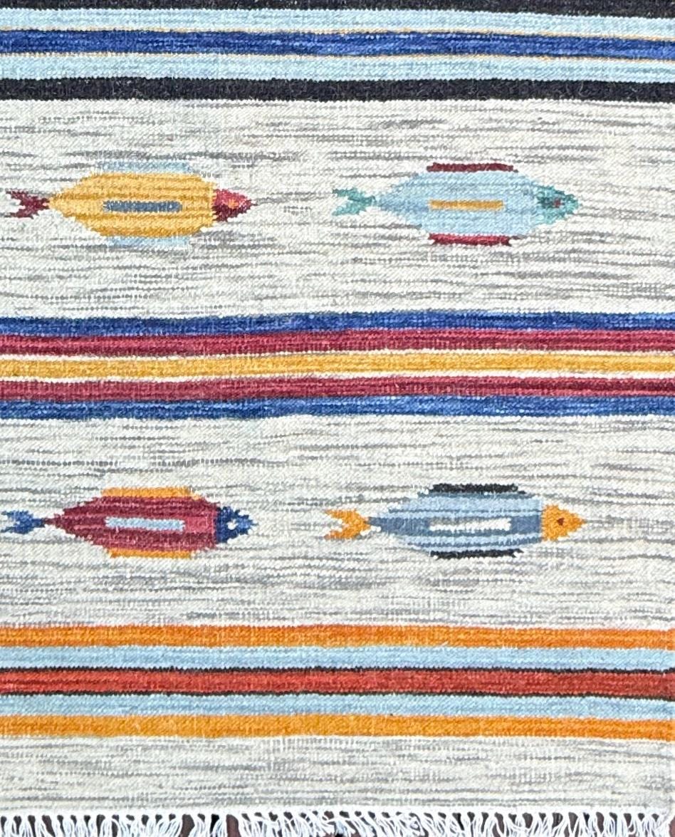 Turkish Kilim 4x6, Fish Design Wool Bohemian Accent Rug, Handmade Anatolian Geometric Flatweave