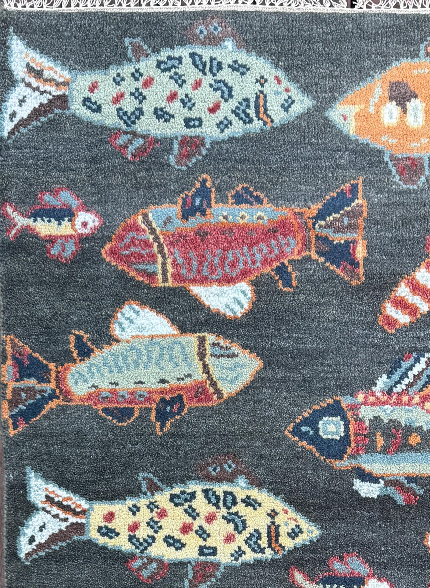 Modern Turkish Fish Design Rug 3x5.1, Hand Knotted Wool Sea Animal Pattern, Bohemian Accent