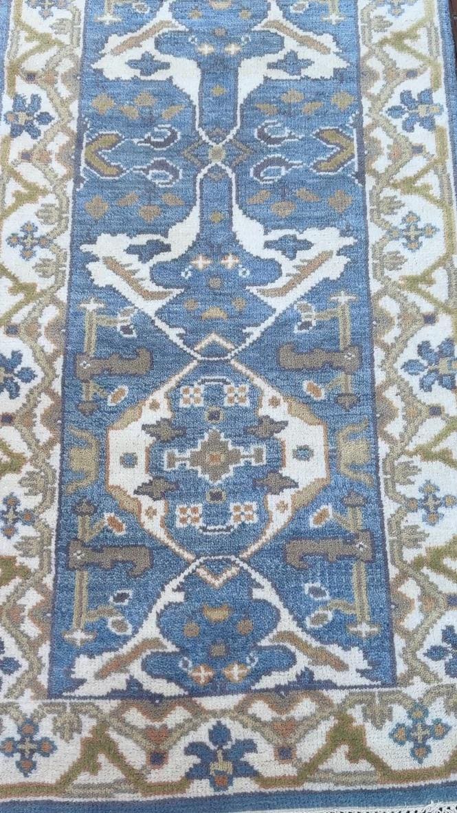 Turkish Oushak Style Runner 2.6x10, Blue Wool Bohemian Hallway Rug, Handmade Geometric Design