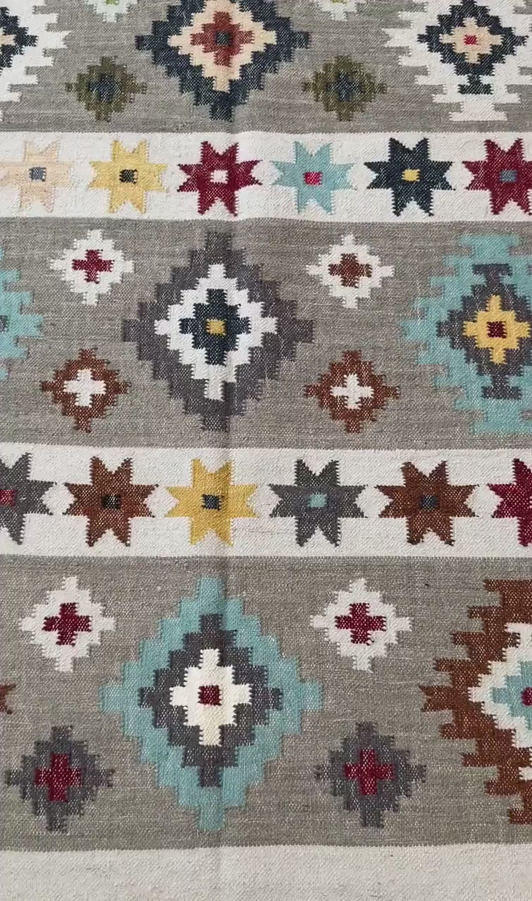 5x8 ft Anatolian Kilim Rug: Hand Knotted Scandinavian Geometric Wool Carpet