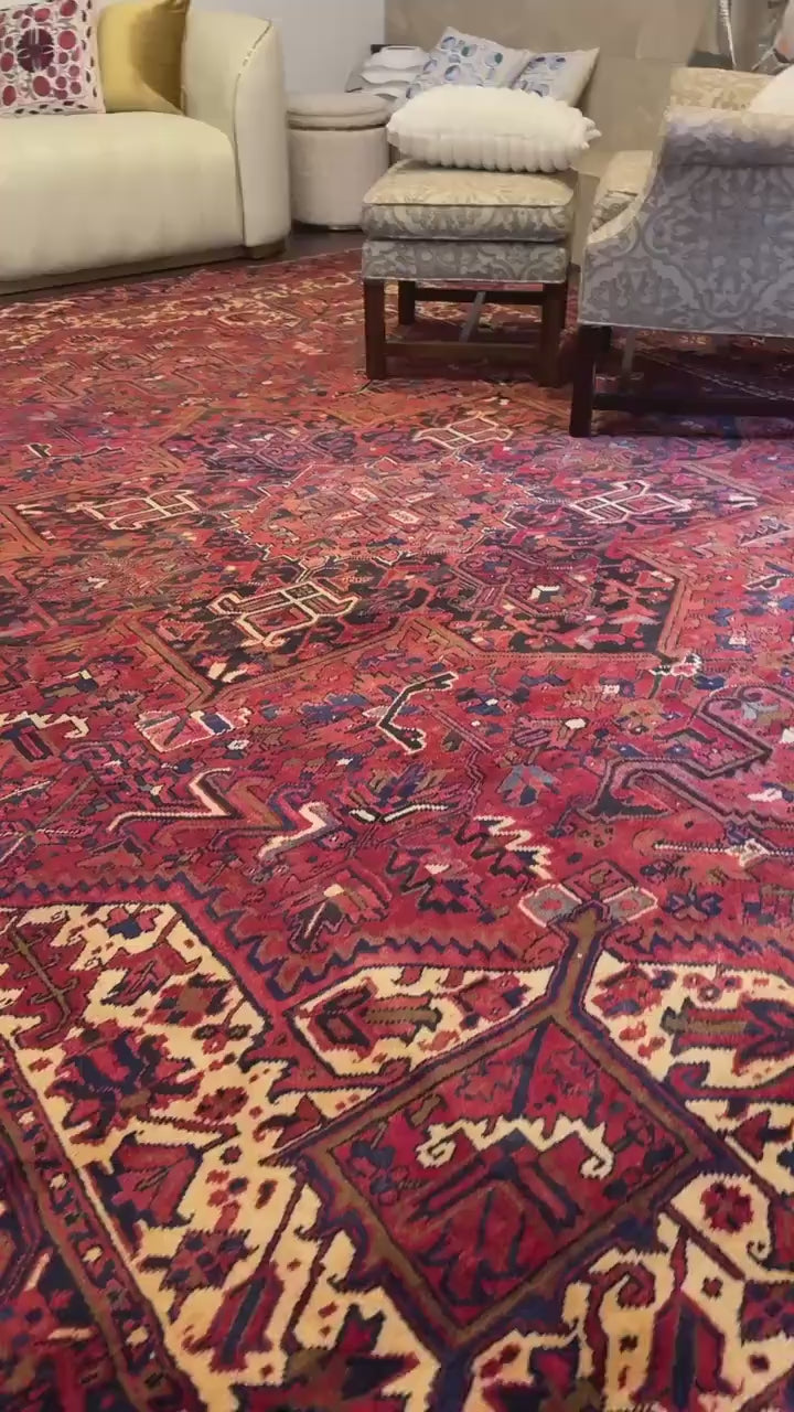 9x12 ft. Heriz Geometric Rug, 1930s Vintage Hand Knotted Wool Carpet, Large Oriental Area Rug