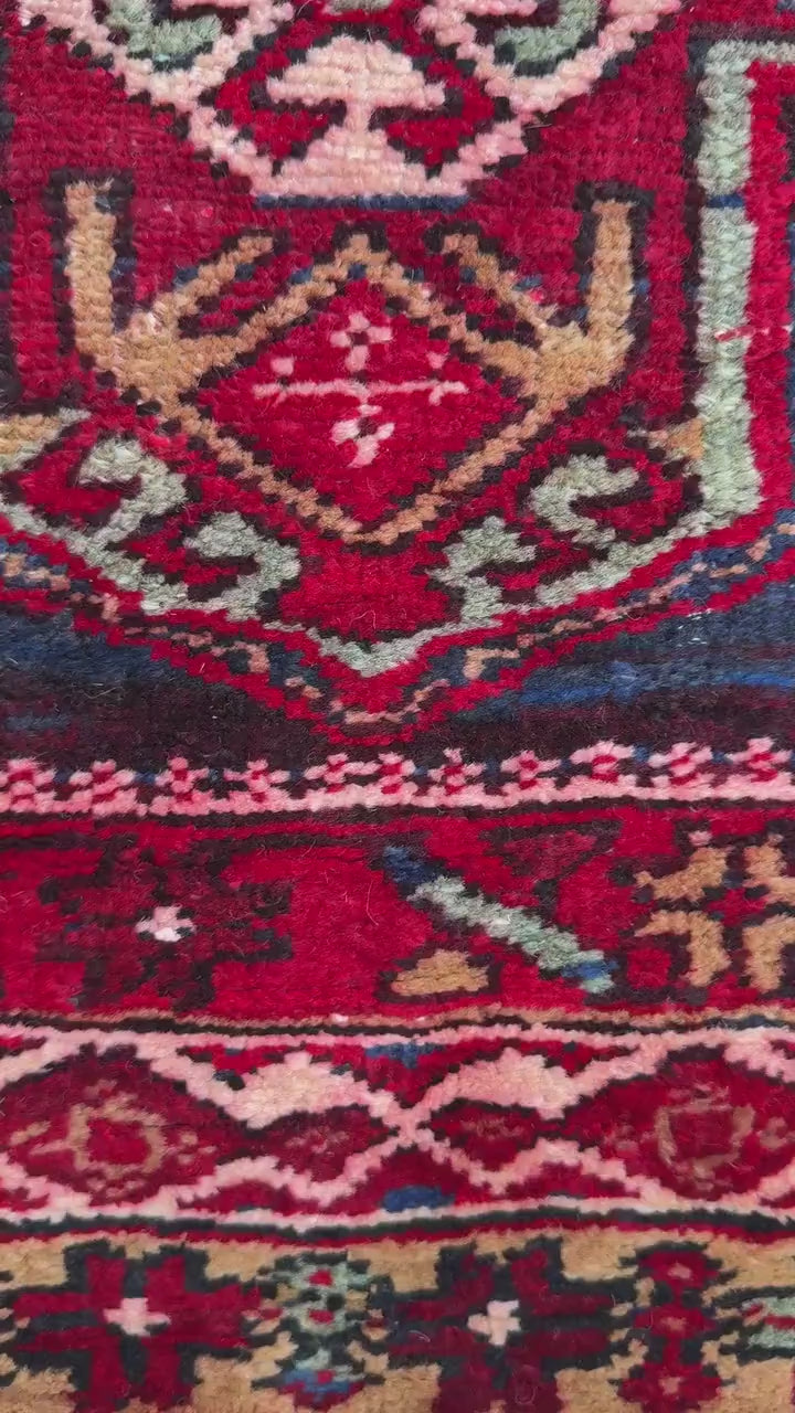 4x11 ft Vintage 1980s Tribal Heriz Runner Rug: Hand Knotted Wool Design