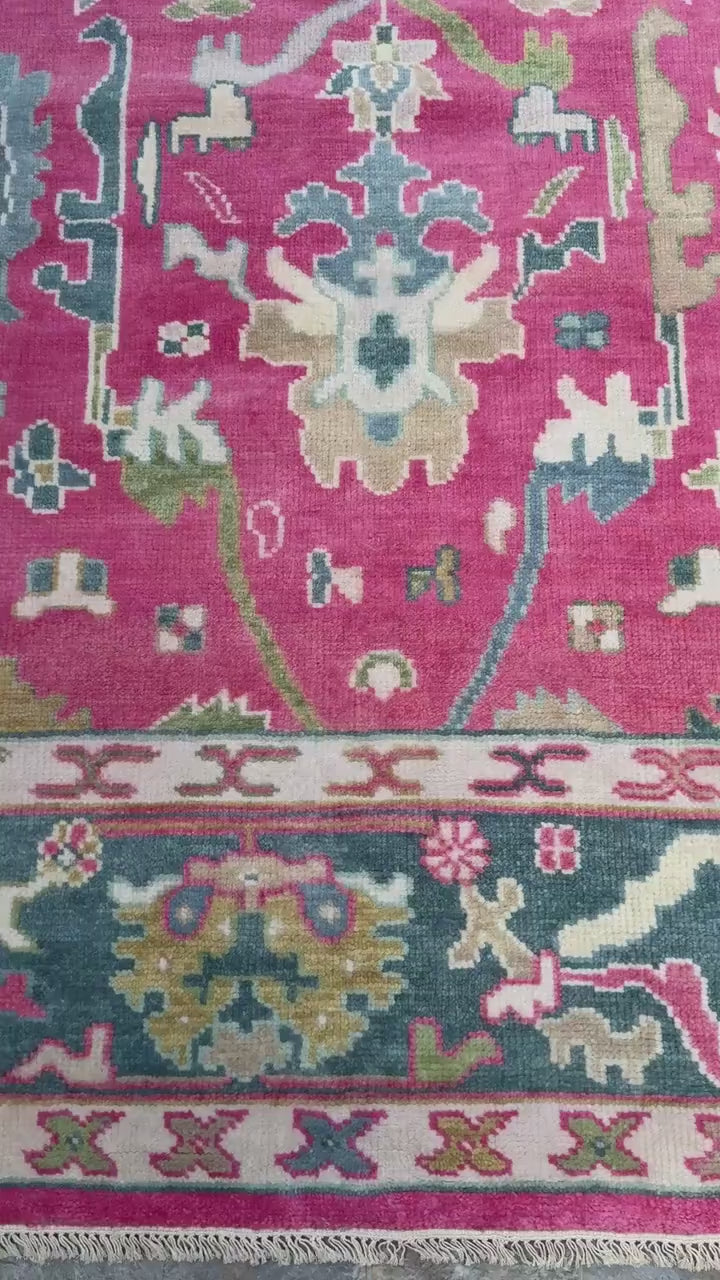 8x10 ft Pink Oushak Rug: Hand-Knotted Wool Turkish Boho Carpet