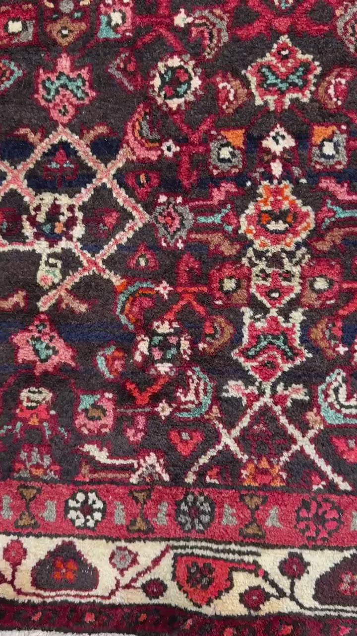 3.9x9.9 ft Vintage 1940s Anatolian Rug: Hand Knotted Wool Village Carpet, Geometric Tribal Design