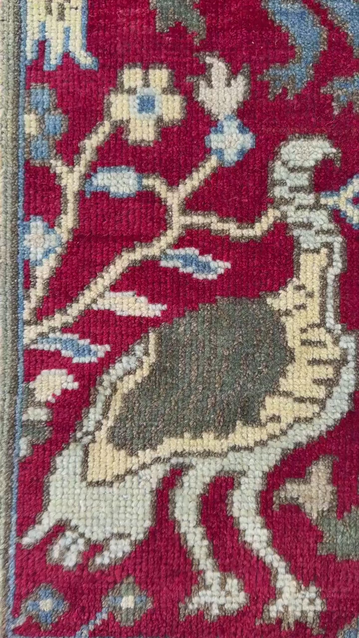 1.11x3 ft Bohemian Oushak Rug: Hand-Knotted Birds Design, Contemporary Wool Carpet