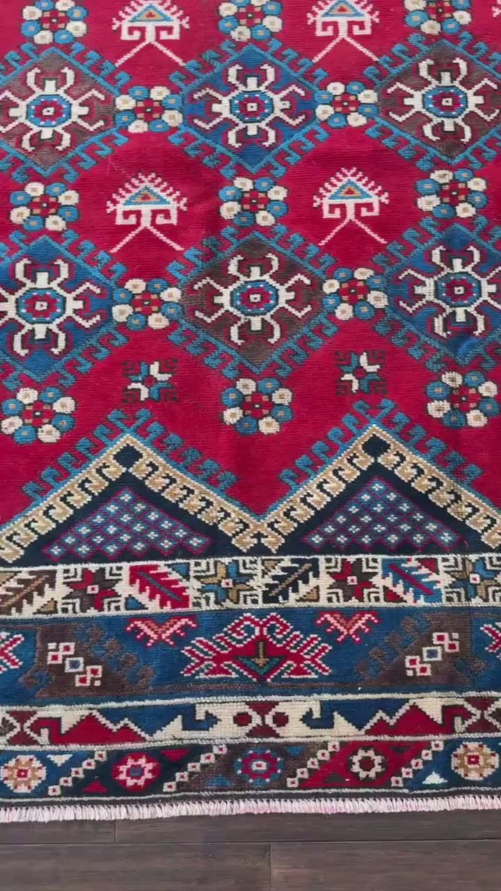 10x7 ft 1940s Hand-Knotted Caucasian Geometric Wool Rug: Vintage Tribal Design