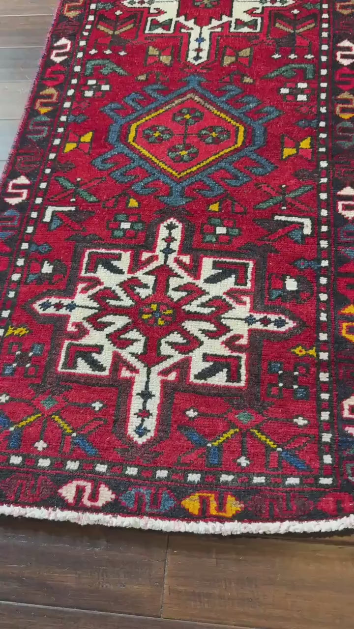 8x2 ft Vintage 1980s Heriz Runner Rug: Hand Knotted Wool Tribal Carpet, Narrow Hallway Rug