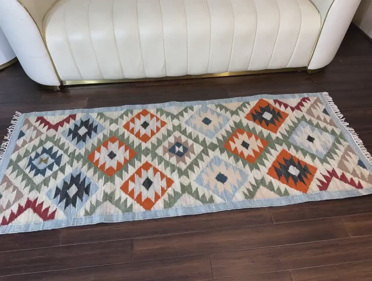 2x6 ft Handwoven Wool Kilim Runner Rug: Modern Anatolian Design