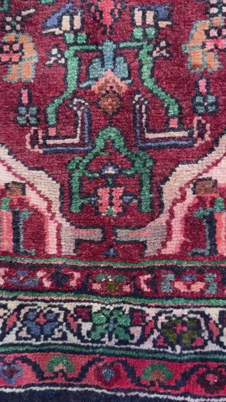 3.5x12.8 ft Vintage 1930s Runner Rug: Hand Knotted Wool Anatolian Carpet, Village Made Geometric Tribal Design