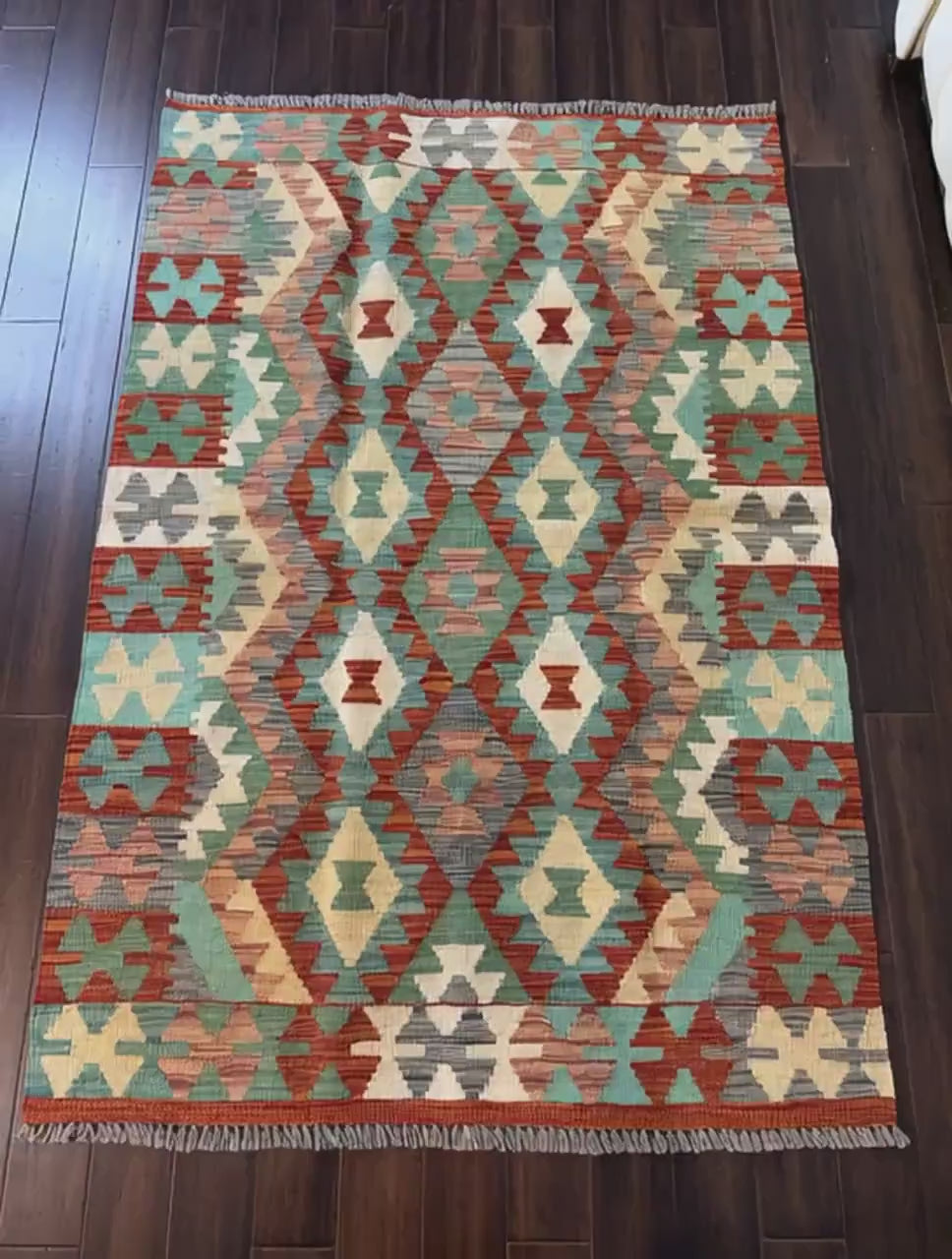 3.5x5 ft Hand-Knotted Wool Chobi Kilim Rug: Geometric Tribal Design