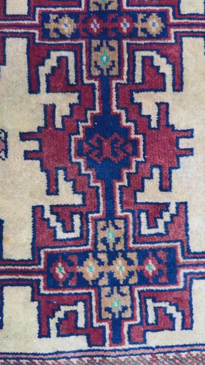 2x2 ft Vintage Rug Hand Knotted Wool Anatolian Accent, 1930s Geometric Design