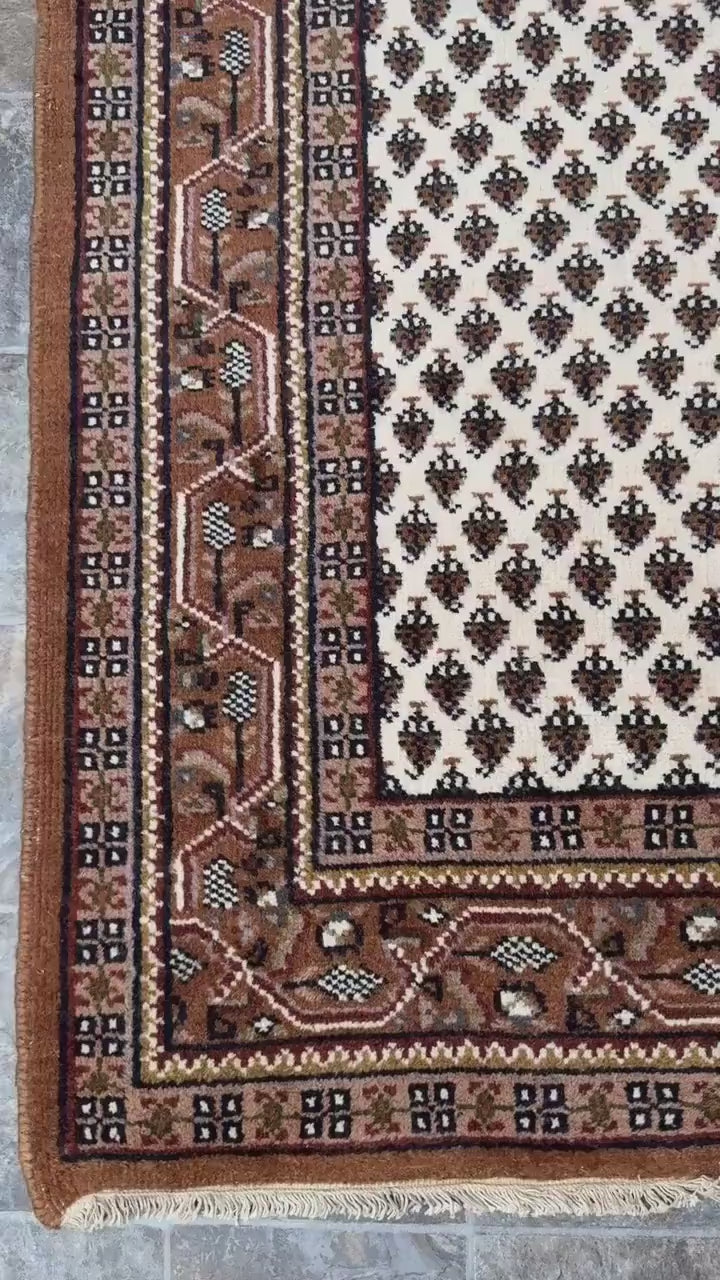 6x4 ft Badam Gul Mir 1990s Vintage Wool Rug: Hand Knotted Oriental Carpet, Geometric Tribal Area Accent