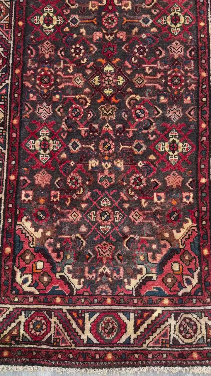 3.8x9.10 ft Vintage 1930s Anatolian: Hand Knotted Wool Village Carpet, Geometric Tribal Design