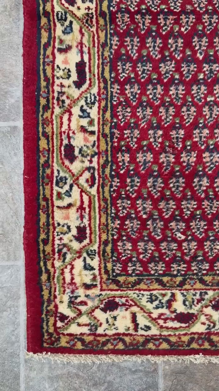4.3x2.2 ft Vintage 1980s Badam Gul Mir Rug: Hand Knotted Wool Oriental Carpet, Small Geometric Tribal Accent