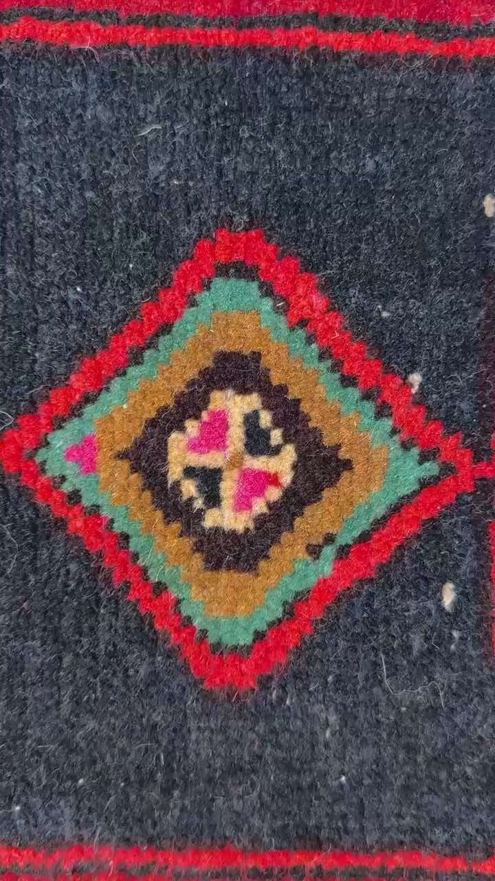 1x3 ft 1930s Village Rug: Hand Knotted Wool Geometric Accent