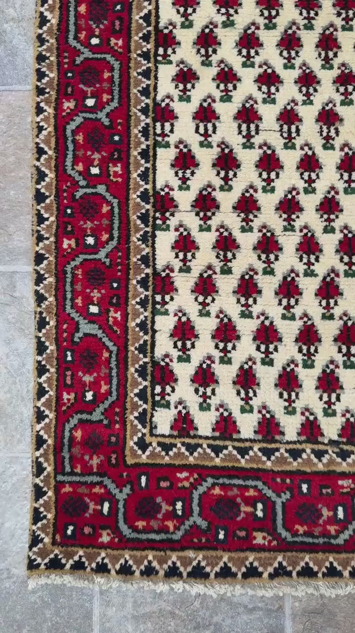 5.1x2.11 ft Badam Gul Mir Wool Rug: 1980s Vintage Hand Knotted Oriental Carpet, Small Geometric Tribal Area Rug