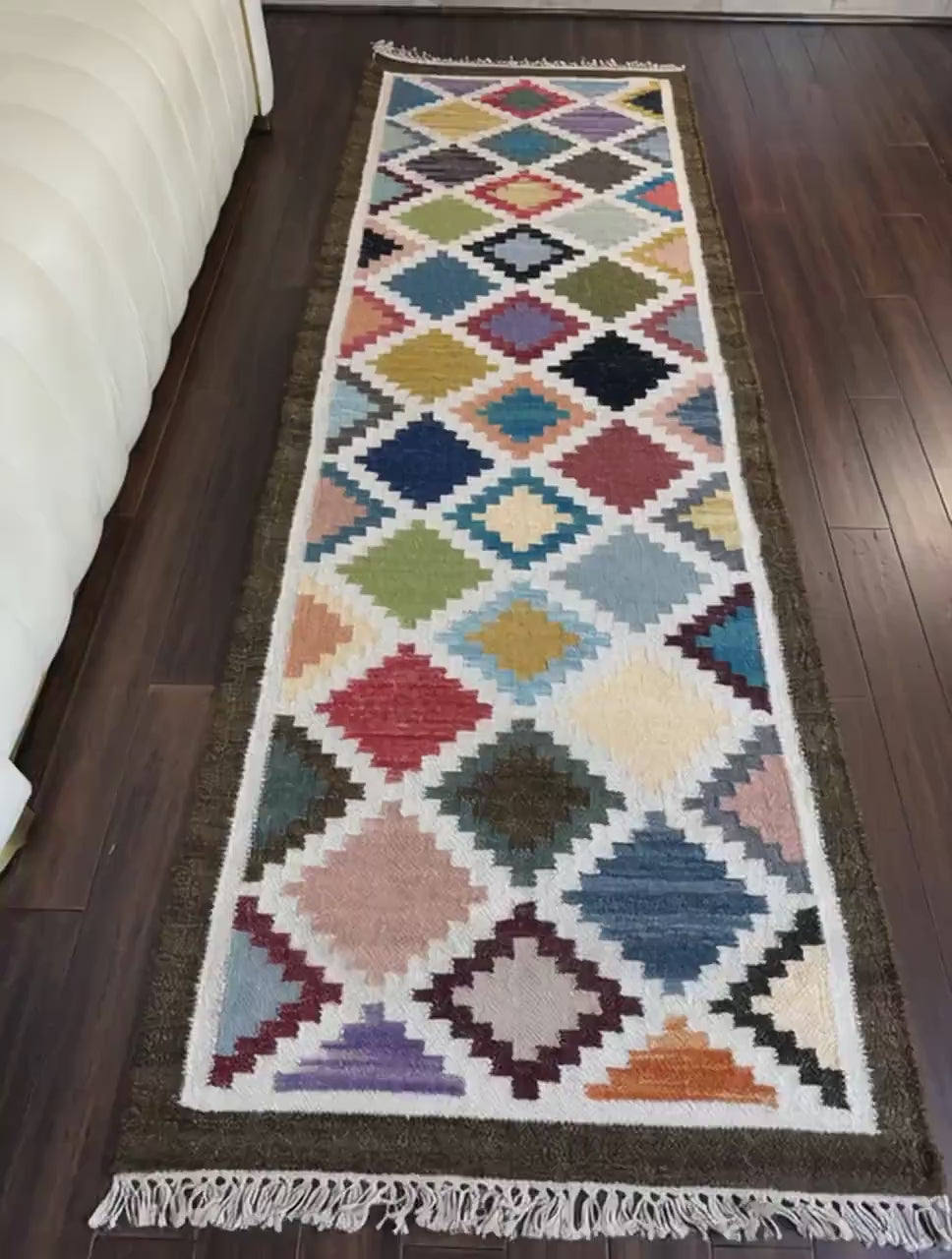 2.6x8 ft Oushak Runner Rug: Handwoven Wool Kilim, Geometric Farmhouse Style