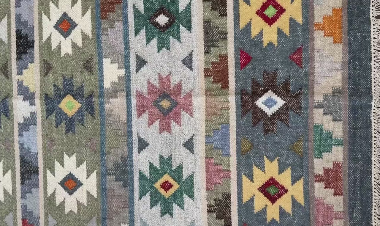 5x8 ft Anatolian Kilim Rug: Hand Knotted Modern Geometric Wool Carpet