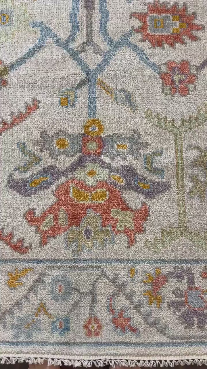 6x9 ft Pastel Oushak Hand Knotted Rug: Beige Wool Bohemian Carpet