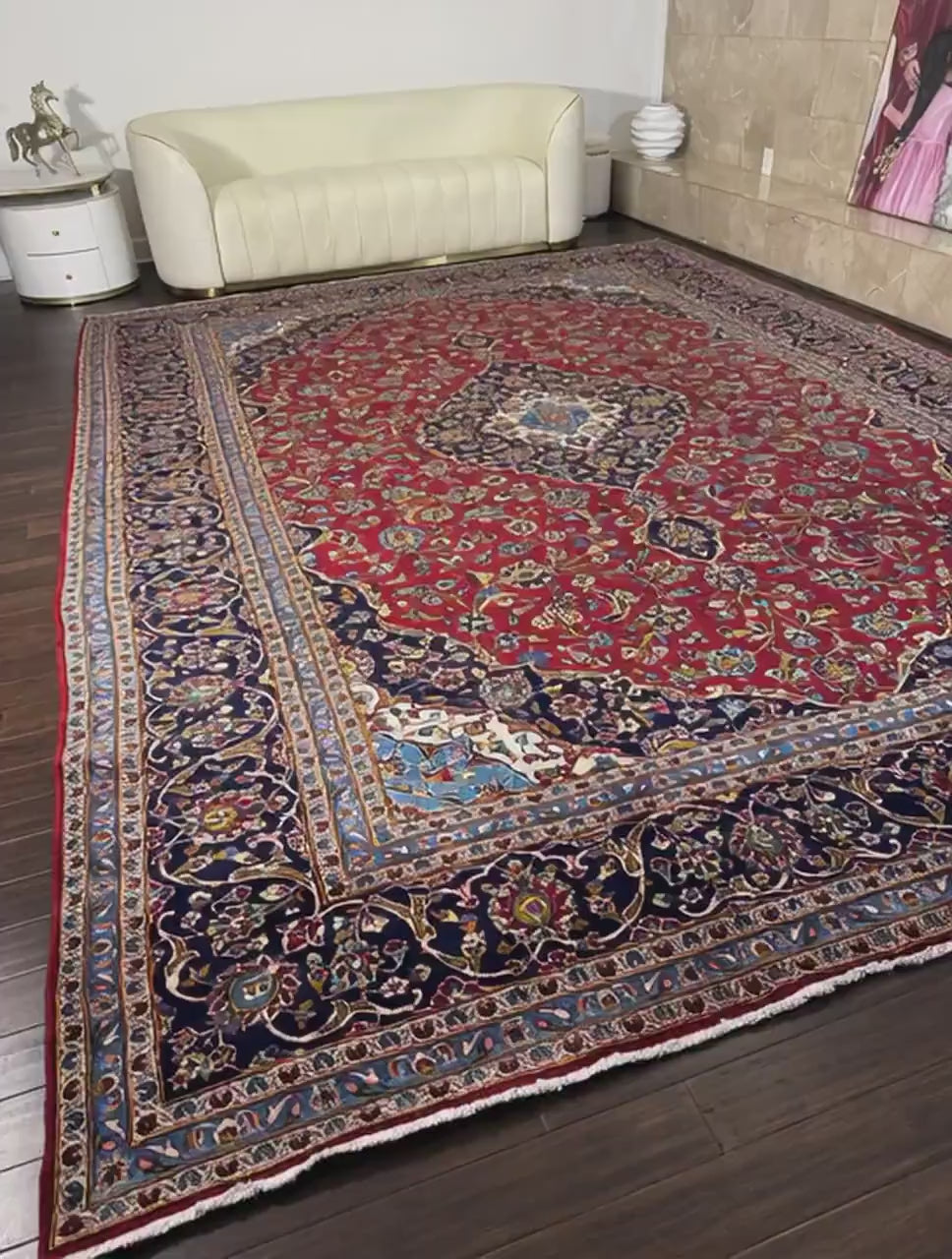 10x14 ft. 1940s Kashan Wool Rug: Antique Hand-Knotted Carpet