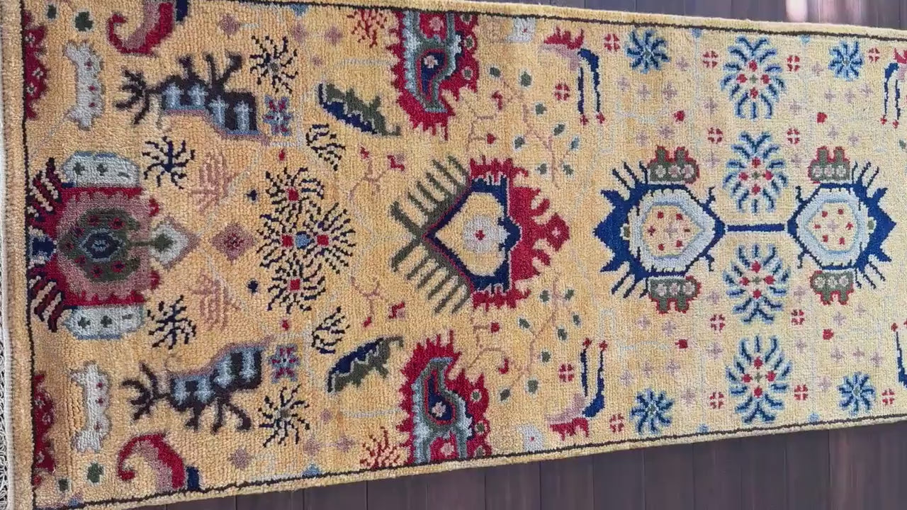 2.6 x 7.10 ft Hand Knotted Oushak Runner Rug: Bohemian Wool Hallway Carpet