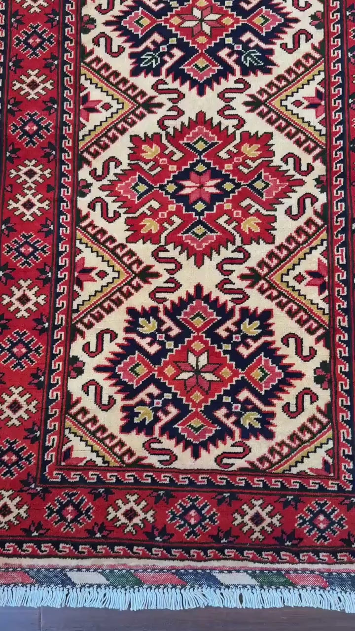 2x4 ft 1950s Hand-Knotted Kazak Wool Rug Vintage Tribal Carpet