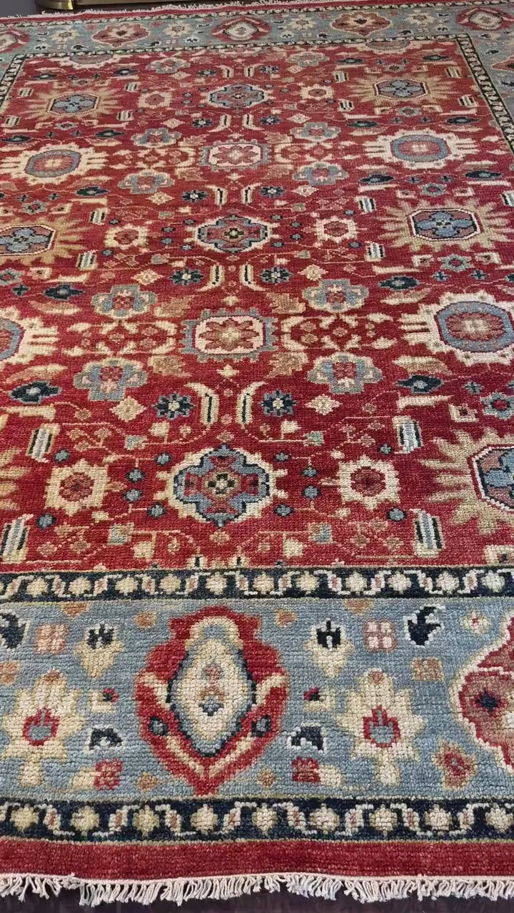 9x12 ft. Turkish Heriz Rug: Hand-Knotted Wool, Red & Blue Oushak Style