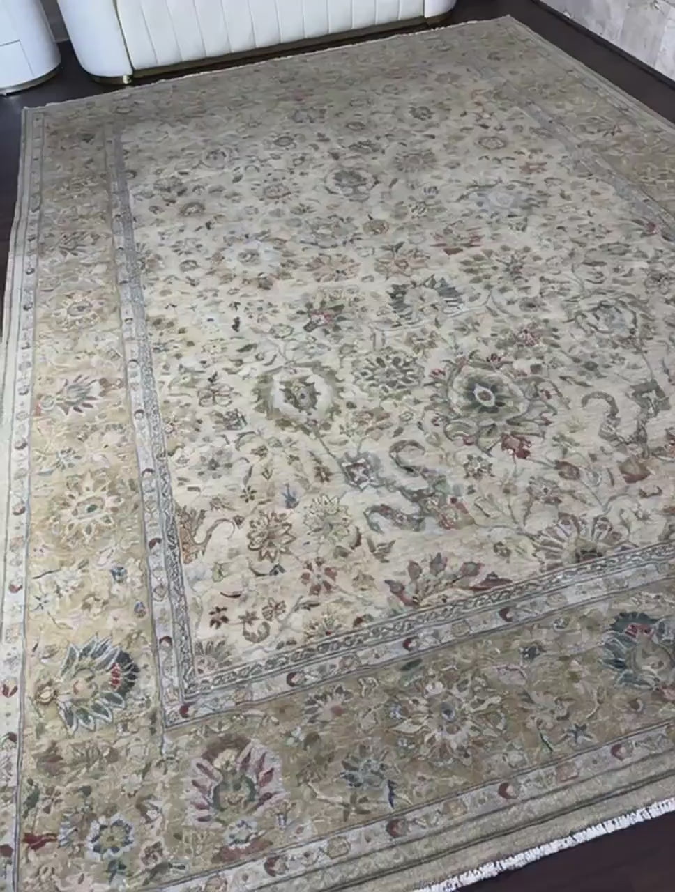 9x13 ft Hand Knotted Tabriz Rug: 300 KPSI Wool Natural Dyes Carpet