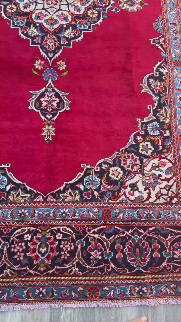10.3x7.5 ft Vintage Qashoun 1980s Wool Rug: Hand Knotted Traditional Oriental Carpet, Geometric Medallion Area Rug