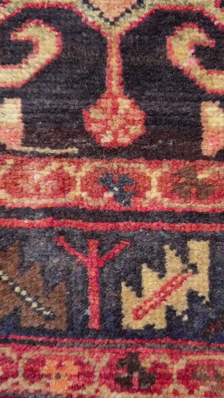 3.6x13.8 ft Vintage 1930s Runner Rug: Anatolian Village Carpet, Hand Knotted Wool Long Geometric Tribal Rug