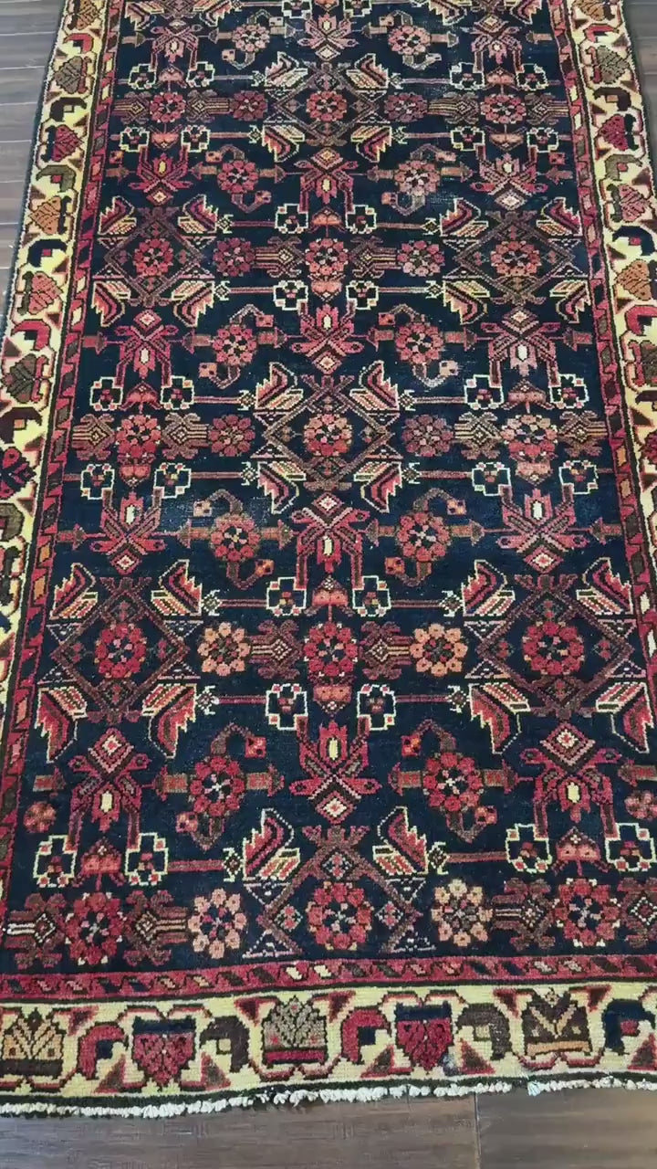 3.5x9.1 ft 1940s Vintage Rug: Hand Knotted Wool Anatolian Village Carpet, Geometric Tribal Design