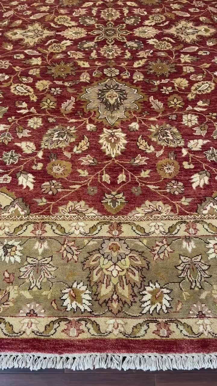 9x12 ft Tabriz Rug Oushak Style: Hand Knotted Wool Carpet with Rust & Olive Floral Design