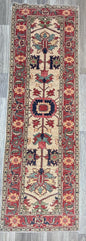 3x10 ft Vintage 1990s Heriz Runner Rug: Hand Knotted Wool Carpet, Beige Oriental Hallway & Entryway Rug