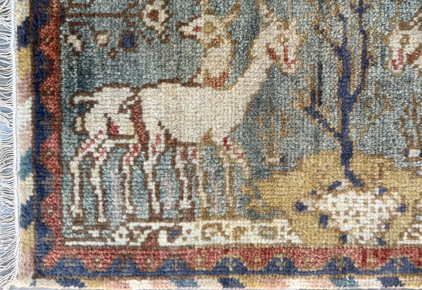 2x3 ft Bohemian Oushak Rug: Hand-Knotted Deer Design Accent Wool Carpet