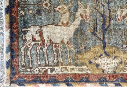 2x3 ft Bohemian Oushak Rug: Hand-Knotted Deer Design Accent Wool Carpet