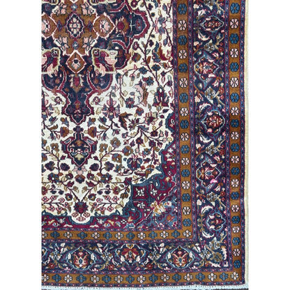 Vintage Turkish Wool Rug 3'2" x 5', Hand-Knotted Floral Medallion Carpet, Ivory Navy Burgundy