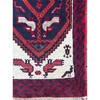 Turkish Handmade Wool Rug, Red Navy Bird Motif Medallion (2'9" x 5'3")