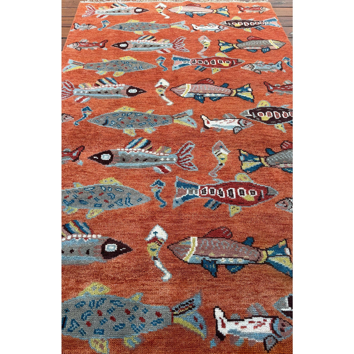 Turkish Oushak Rug 5x8, Hand-Knotted 100% Wool Fish Rug, Tree of Life Bohemian Area Rug, Terracotta Nursery Decor