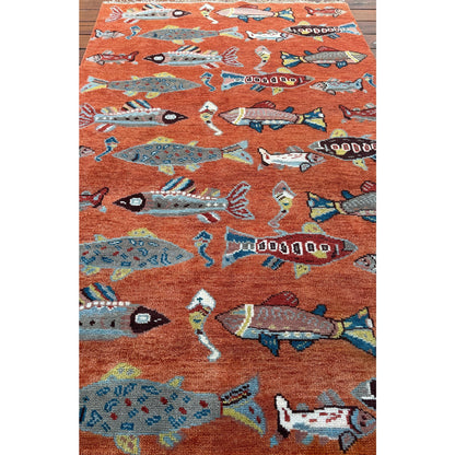 Turkish Oushak Rug 5x8, Hand-Knotted 100% Wool Fish Rug, Tree of Life Bohemian Area Rug, Terracotta Nursery Decor