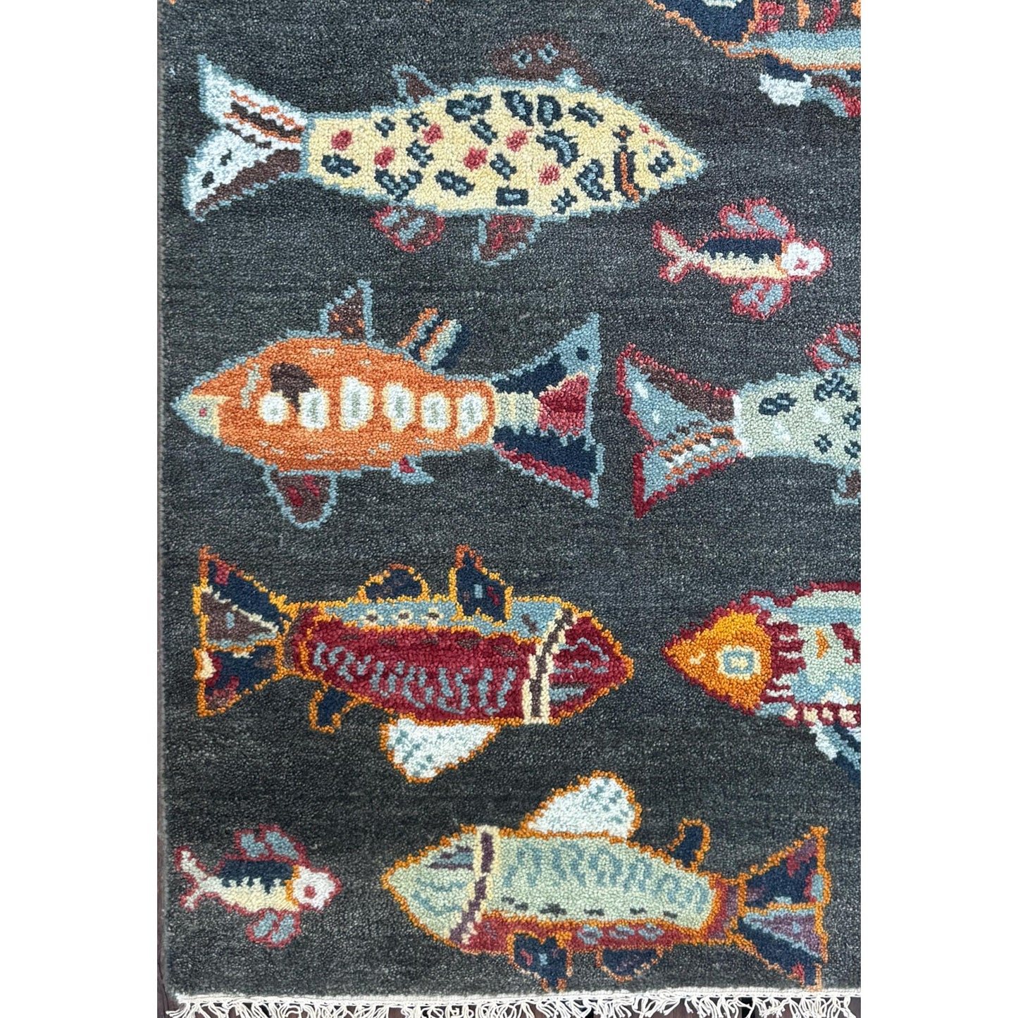 Modern Turkish Fish Design Rug 3x5.1, Hand Knotted Wool Sea Animal Pattern, Bohemian Accent