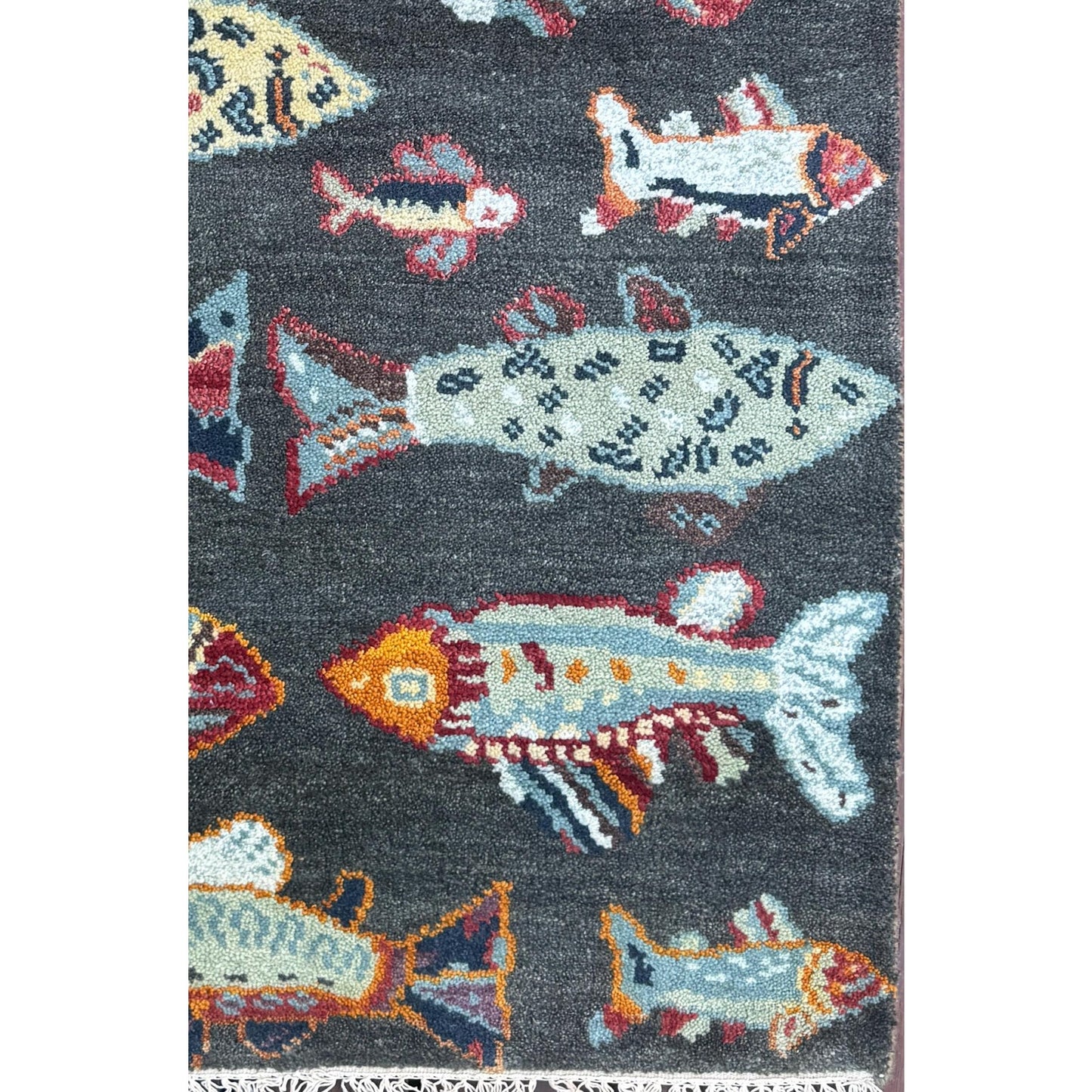 Modern Turkish Fish Design Rug 3x5.1, Hand Knotted Wool Sea Animal Pattern, Bohemian Accent
