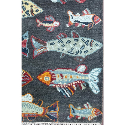 Modern Turkish Fish Design Rug 3x5.1, Hand Knotted Wool Sea Animal Pattern, Bohemian Accent